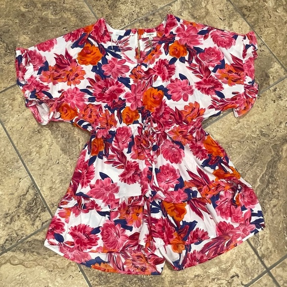 UMGEE PINK & ORANGE FLORAL ROMPER RUFFLE SHORT SLEEVE V-NECK DRAWSTRING WAIST - Picture 9 of 15